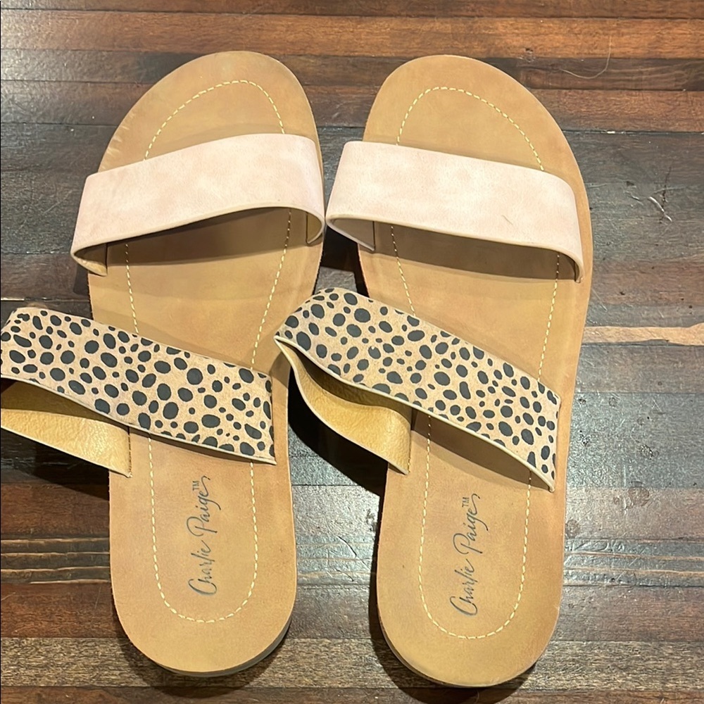 Charlie Paige Tan and Cream Sandals with Animal Print